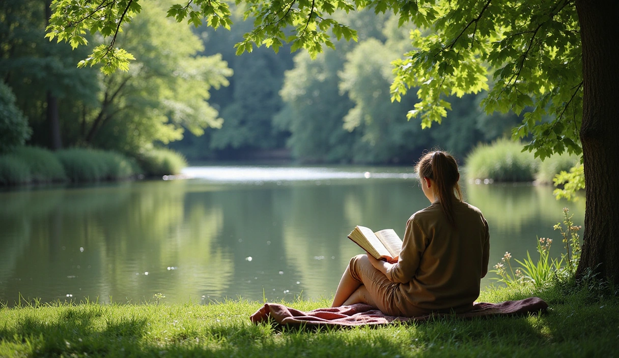 Persona che legge un libro in un ambiente sereno e naturale, simbolo di apprendimento e tranquillità.