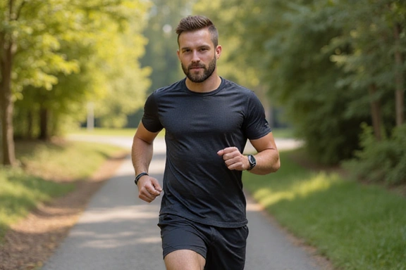 Un uomo energico che corre all'aperto, simbolo di vitalità e salute maschile.