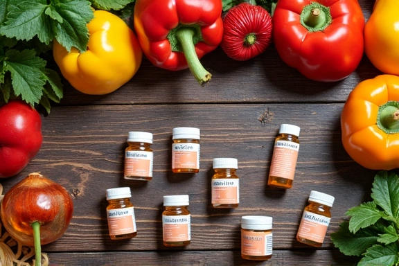 Un tavolo con una varietà di integratori alimentari naturali e frutta fresca, simboleggiando il supporto alla salute.