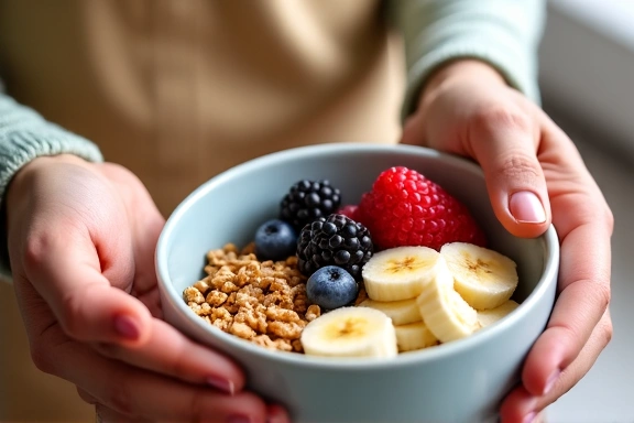 Un'immagine ravvicinata di mani che preparano una colazione sana e bilanciata, con frutta e cereali.