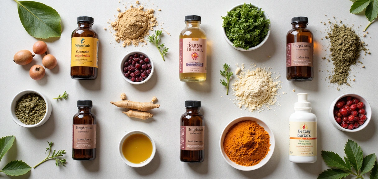 Varietà di prodotti naturali e ingredienti disposti in modo attraente.