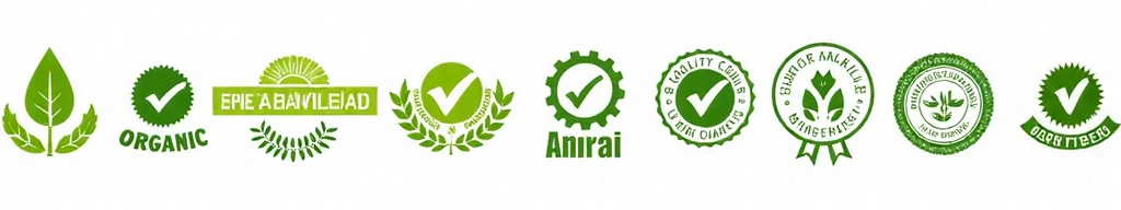 Serie di simboli di certificazione e sigilli di garanzia, con icone di foglie e qualità.