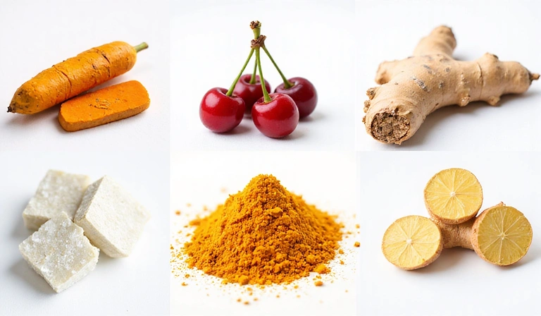 Composizione grafica degli ingredienti naturali principali: curcuma, acerola, zenzero, magnesio, probiotici.