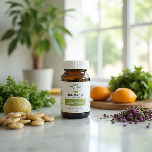 Immagine di un prodotto naturale, forse un integratore o un cosmetico, con ingredienti freschi sullo sfondo.