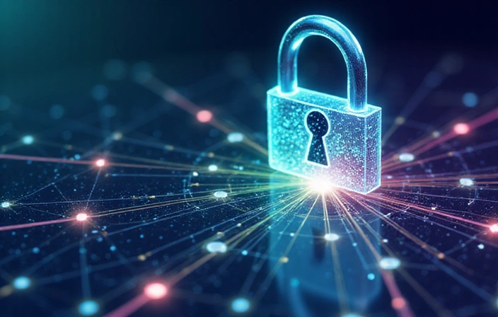 Illustrazione di dati digitali che fluiscono in modo sicuro, con un lucchetto stilizzato