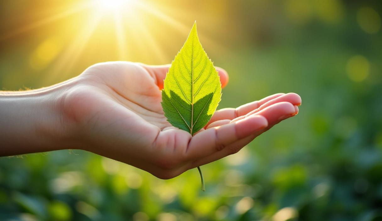 Immagine che evoca fiducia, qualità e natura, con elementi come una mano che tiene una foglia verde, erbe officinali e un raggio di sole.