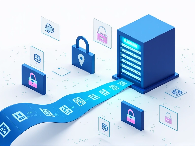 Illustrazione di dati che fluiscono in modo sicuro verso un server, con icone di privacy e sicurezza