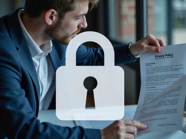 Uomo che legge un documento sulla privacy con un lucchetto stilizzato in primo piano