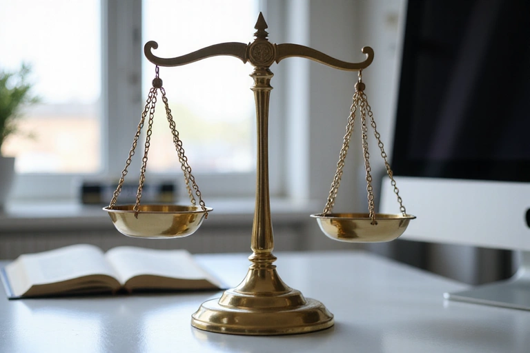 Bilancia della giustizia su un tavolo, simboleggiando la risoluzione delle controversie legali.