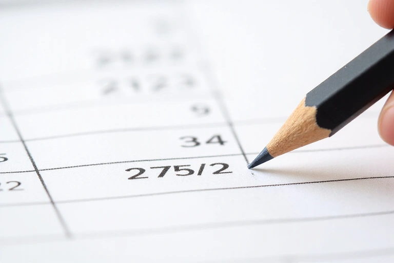 Calendario con una matita che segna una data, rappresentando l'aggiornamento e la revisione dei termini.
