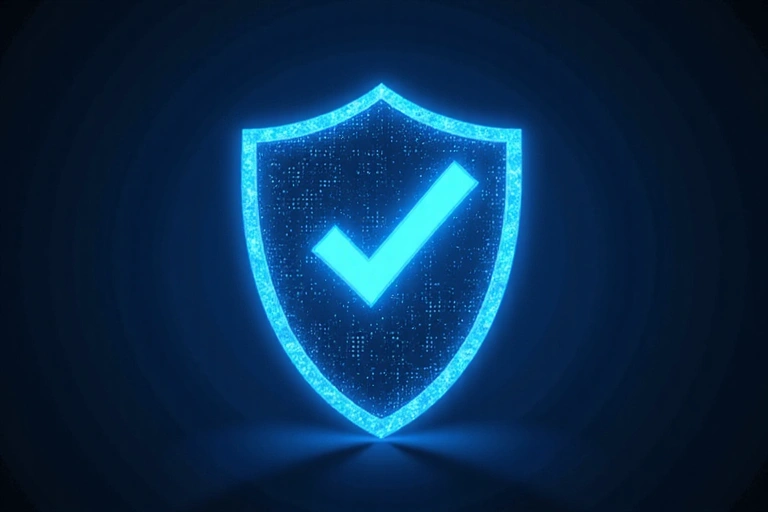 Scudo di protezione digitale con un segno di spunta, simboleggiando la limitazione di responsabilità e la sicurezza.